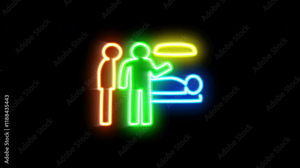 The blinking neon light of a healthcare and medical icon, against a black background. The blinking neon light of a healthcare and medical icon, against a black background.