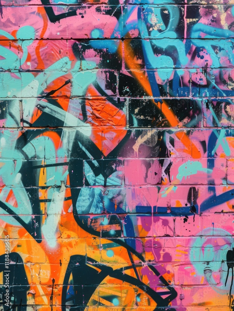 Fototapeta premium Vibrant Urban Graffiti Art on Brick Wall: A Colorful Explosion of Street Art