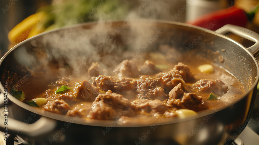 curry goat being prepared in a kitchen, simmering in a large pot with visible spices, steam rising and fresh ingredients like ginger, garlic, and Scotch bonnet peppers placed nearby curry goat being prepared in a kitchen, simmering in a large pot with visible spices, steam rising and fresh ingredients like ginger, garlic, and Scotch bonnet peppers placed nearby