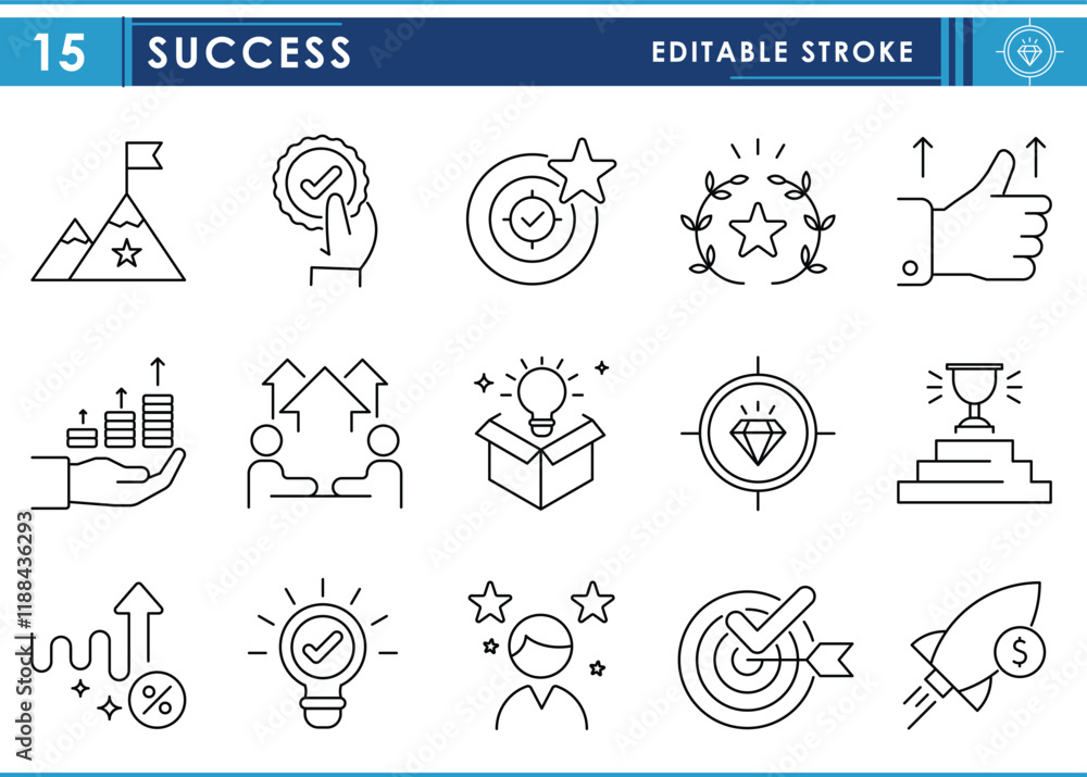A set of line icons related to Success. Goal, achieve, award, like, profit, win, struggle, innovation, mind, gem, and so on. Vector editable stroke. A set of line icons related to Success. Goal, achieve, award, like, profit, win, struggle, innovation, mind, gem, and so on. Vector editable stroke.