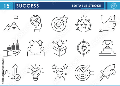 A set of line icons related to Success. Goal, achieve, award, like, profit, win, struggle, innovation, mind, gem, and so on. Vector editable stroke.