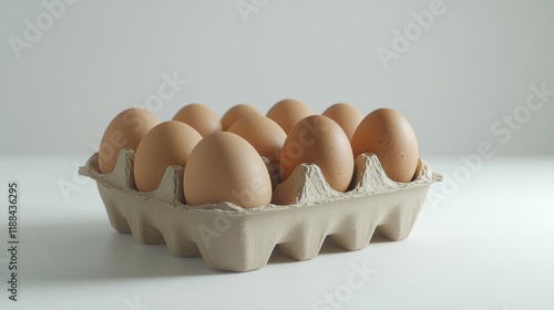 Ten brown eggs in a cardboard carton on a white background. photo