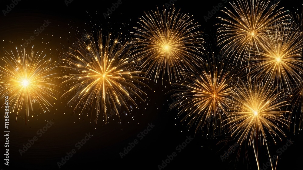 Naklejka premium Firework border background, gold fireworks frame with stars and sparkles, firework banner