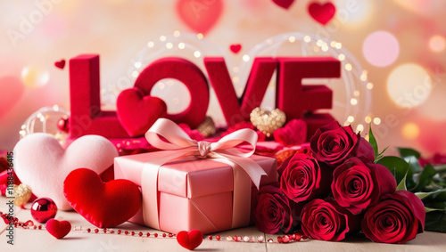 Valentines day background. Romantic Valentine's Day Gift and Decorations with Roses and Hearts. Valentine's Day or Birthday Banner. Greeting card, Valentine's Day or Birthday invitation.