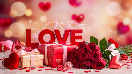 Gift box with red rose. Romantic Valentine's Day Gift and Decorations with Roses and Hearts. Valentine's Day or Birthday Banner. Greeting card, Valentine's Day or Birthday invitation.