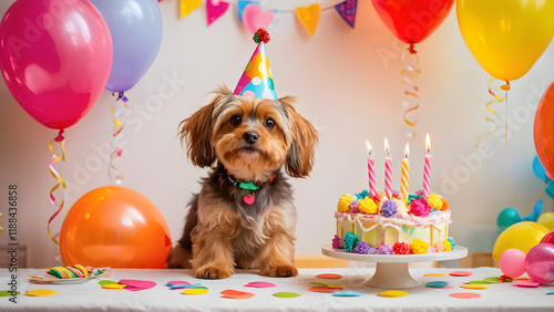 Adorable dog, yorkshire terrier's birthday celebration with colorful balloons and cake
