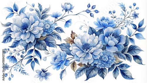 Fototapeta Naklejka Na Ścianę i Meble -  Watercolor Blue Floral Composition Peonies, Leaves, and Branches, Floral Design, Watercolor Painting Floral illustration, Botanical art