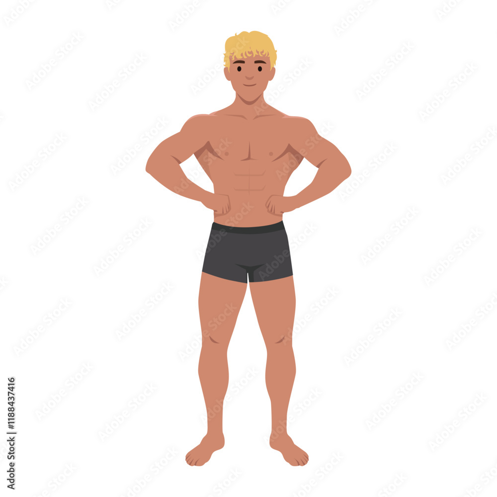 Young muscular bodybuilder posing on Front Lat Spread. Flat vector illustration isolated on white background Young muscular bodybuilder posing on Front Lat Spread. Flat vector illustration isolated on white background