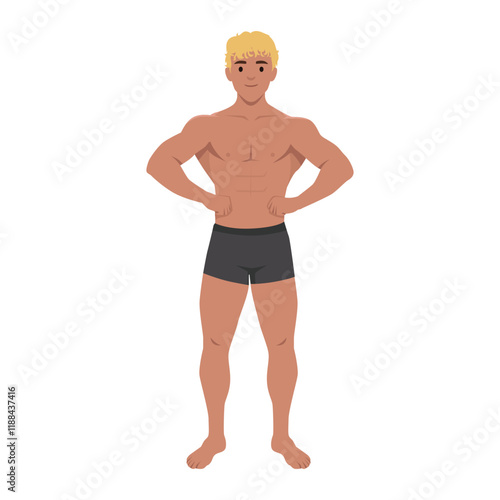 Young muscular bodybuilder posing on Front Lat Spread. Flat vector illustration isolated on white background