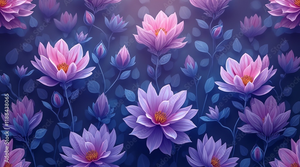 Obraz premium Seamless abstract beautiful purple and blue magical flowers pattern background