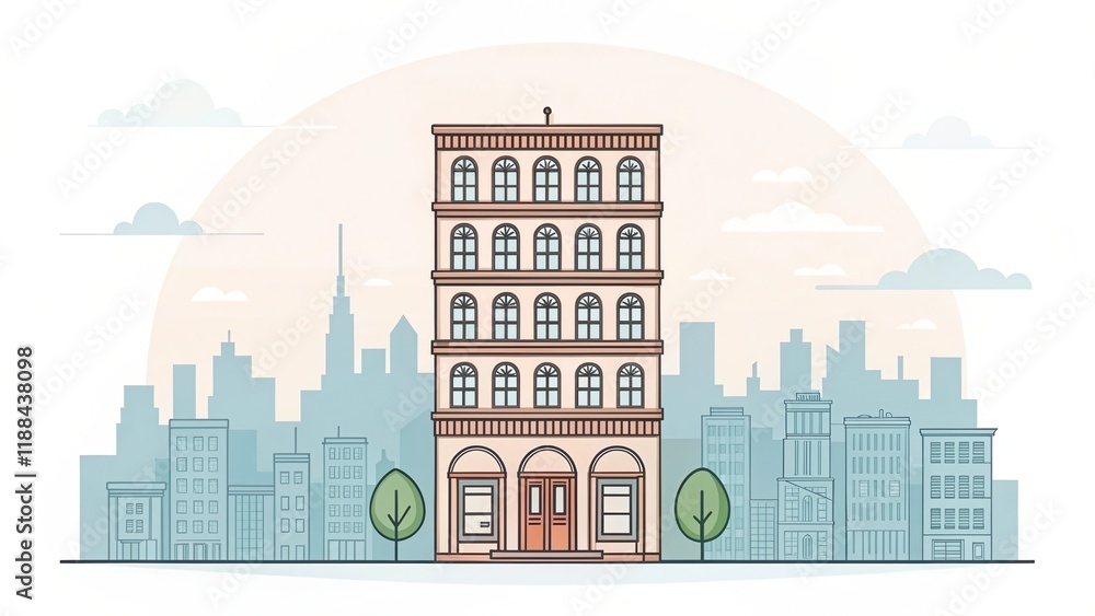 office building with city scape, ancient retro illustration background office building with city scape, ancient retro illustration background