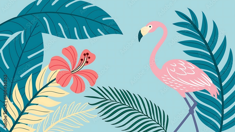 Naklejka premium A pink flamingo with sunglasses and a flower crown poses against a blue background with palm leaves. The flamingo is a symbol of summer, fun, and tropical vacations.