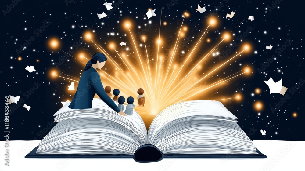 Naklejka premium A hand-drawn style illustration of a teacher opening a large book with glowing lights and stars emerging, surrounded by small children, symbolizing the wonder of learning and imagination