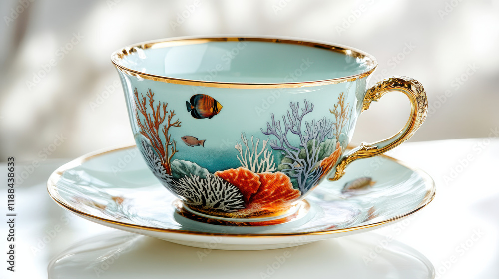 A delicate ceramic teacup and saucer showcasing cool tones of aquamarine and lavender, featuring a serene underwater reef-inspired design with coral and tropical fish, gold-trimmed edges A delicate ceramic teacup and saucer showcasing cool tones of aquamarine and lavender, featuring a serene underwater reef-inspired design with coral and tropical fish, gold-trimmed edges