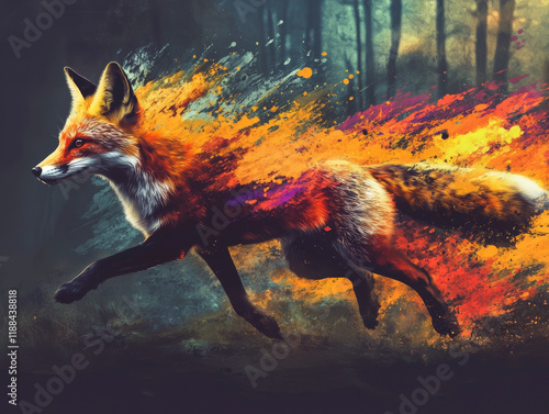 A vibrant fox silhouette in mid-stride, beautifully composed of color splashes against a twilight forest backdrop. photo