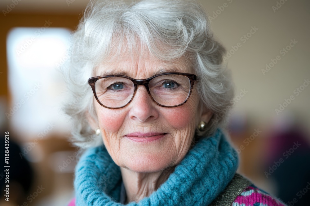 Senior woman with curly gray hair and glasses smiles warmly in a cozy indoor setting during daytime Senior woman with curly gray hair and glasses smiles warmly in a cozy indoor setting during daytime