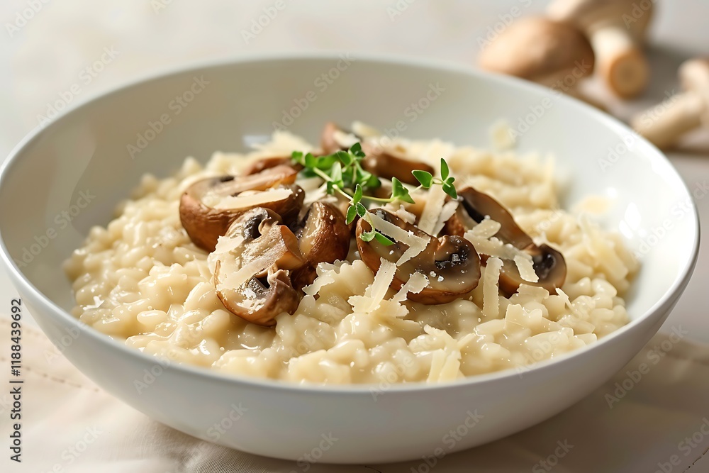 A dish of creamy risotto with mushrooms and Parmesan cheese, served in a white bowl with a clean beige background and ample copy space. A dish of creamy risotto with mushrooms and Parmesan cheese, served in a white bowl with a clean beige background and ample copy space.
