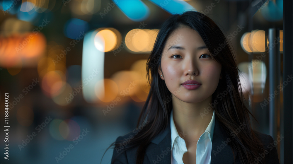 Obraz premium Portrait of a confident woman with city lights in the background
