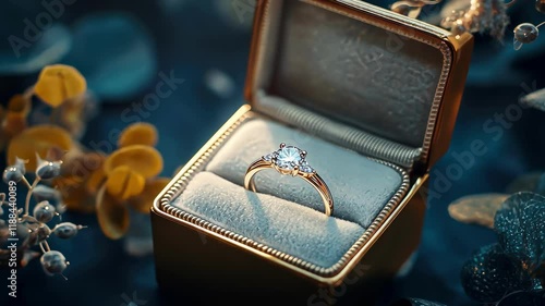 wedding ring in a box, engagement ring and beautiful bouquet of flowers on the background.