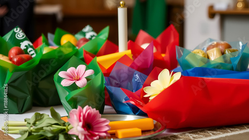 Food and other grocery items wrapped in green, red, and blue water cellophanes and flower ready on the table for offertory during Eucharistic celebration in the Catholic mass. Copy space. photo