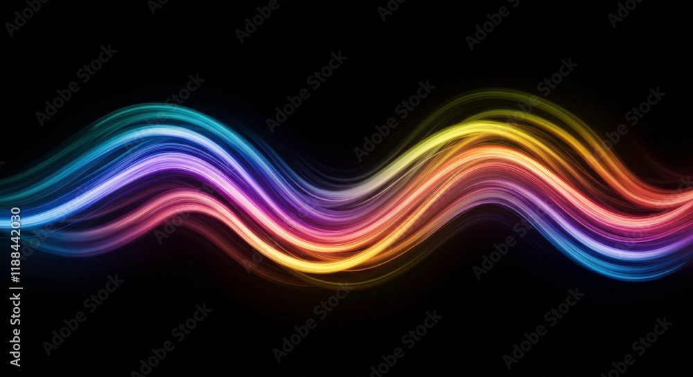 Rainbow Wave Abstract: Dynamic, vibrant rainbow-colored waves flow smoothly against a stark black background, creating an image of energy, fluidity, and visual excitement. Rainbow Wave Abstract: Dynamic, vibrant rainbow-colored waves flow smoothly against a stark black background, creating an image of energy, fluidity, and visual excitement.