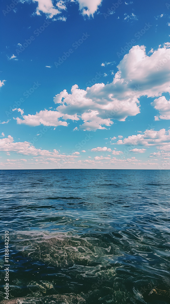 Obraz premium Vast ocean under a clear sky with fluffy clouds.