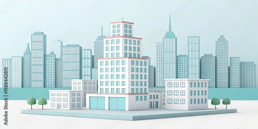 cute office building with city scape, 3d rendering illustration background cute office building with city scape, 3d rendering illustration background