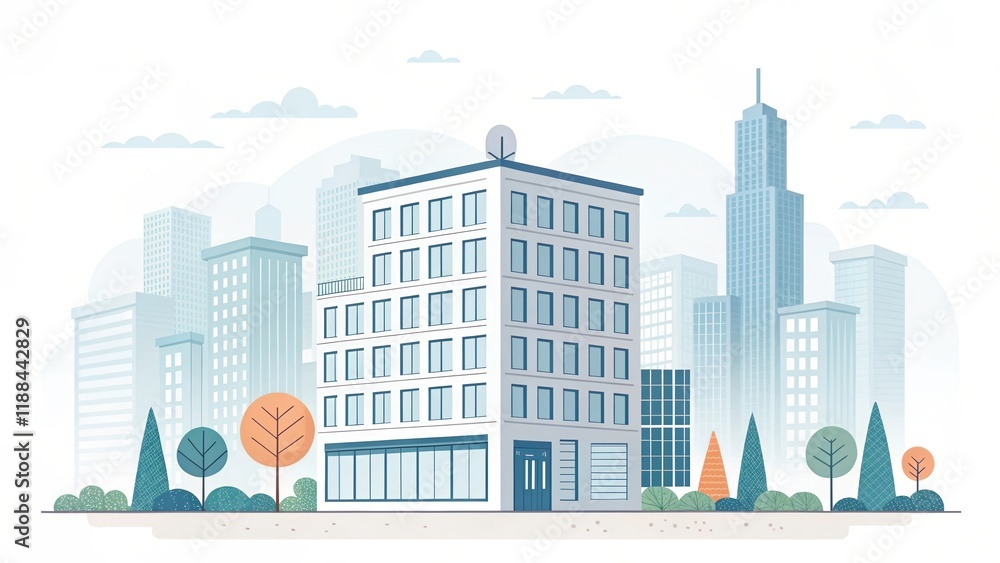 cute office building with city scape, 3d rendering illustration background cute office building with city scape, 3d rendering illustration background