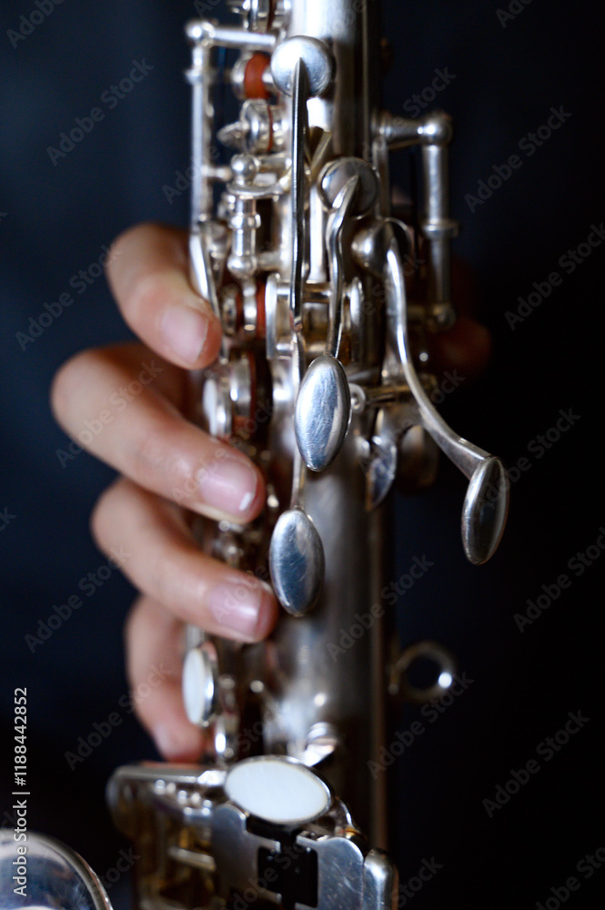 Fototapeta premium Hands playing a silver saxophone