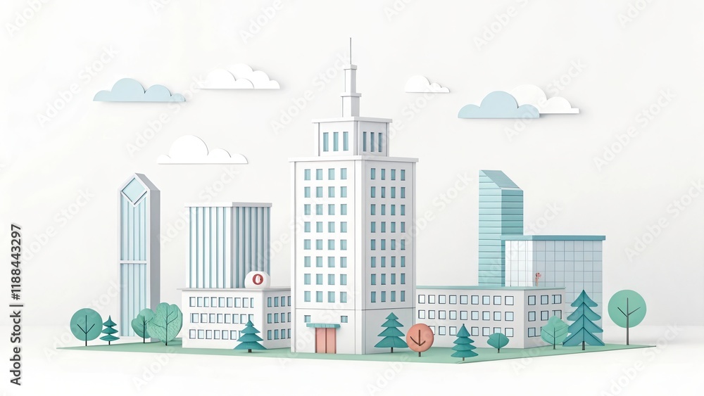 Fototapeta premium cute office building with city scape, 3d rendering illustration background