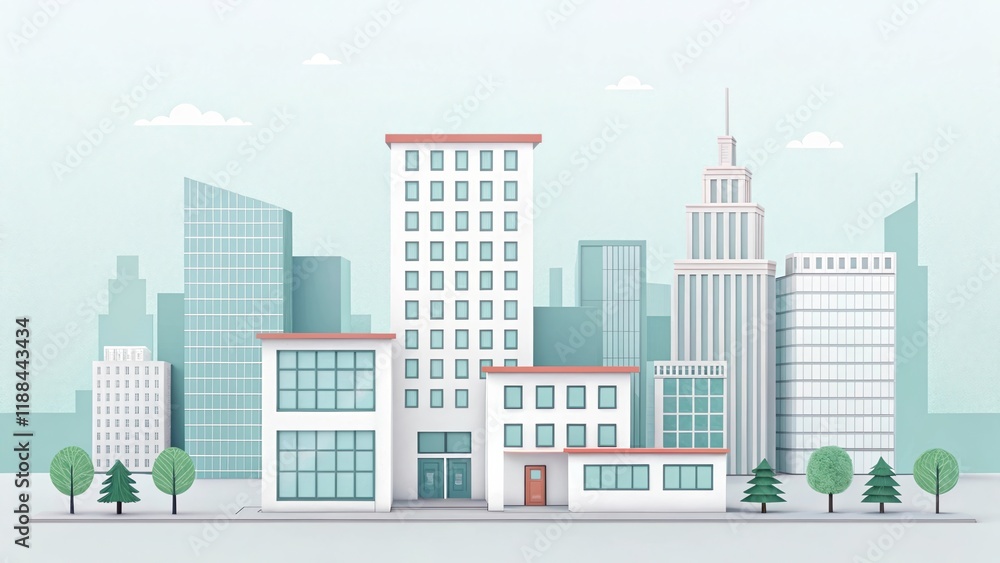 cute office building with city scape, 3d rendering illustration background cute office building with city scape, 3d rendering illustration background