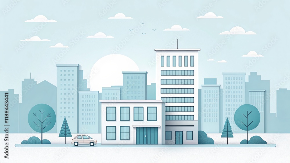 Fototapeta premium cute office building with city scape, 3d rendering illustration background