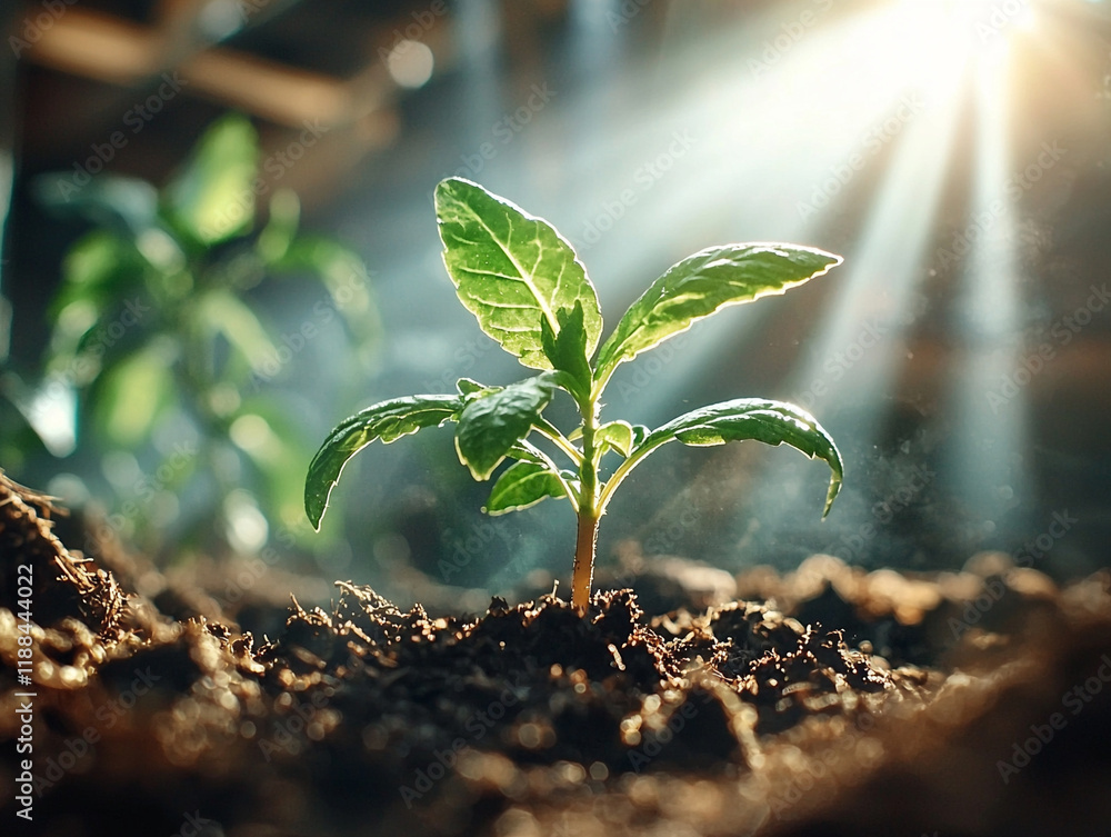 Ai generated fresh seedling emerges from dark soil illuminated by sunlight in nature's embrace Ai generated fresh seedling emerges from dark soil illuminated by sunlight in nature's embrace