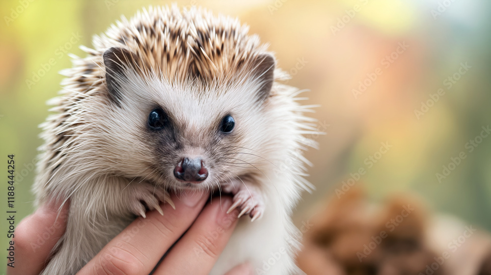 Fototapeta premium A hedgehog is being held in a person's hand outdoors, surrounded by a softly blurred background featuring natural elements in daylight - Generative AI