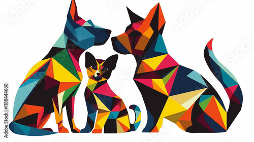 Colorful geometric illustration of three dogs sitting together, showcasing vibrant patterns and shapes. photo