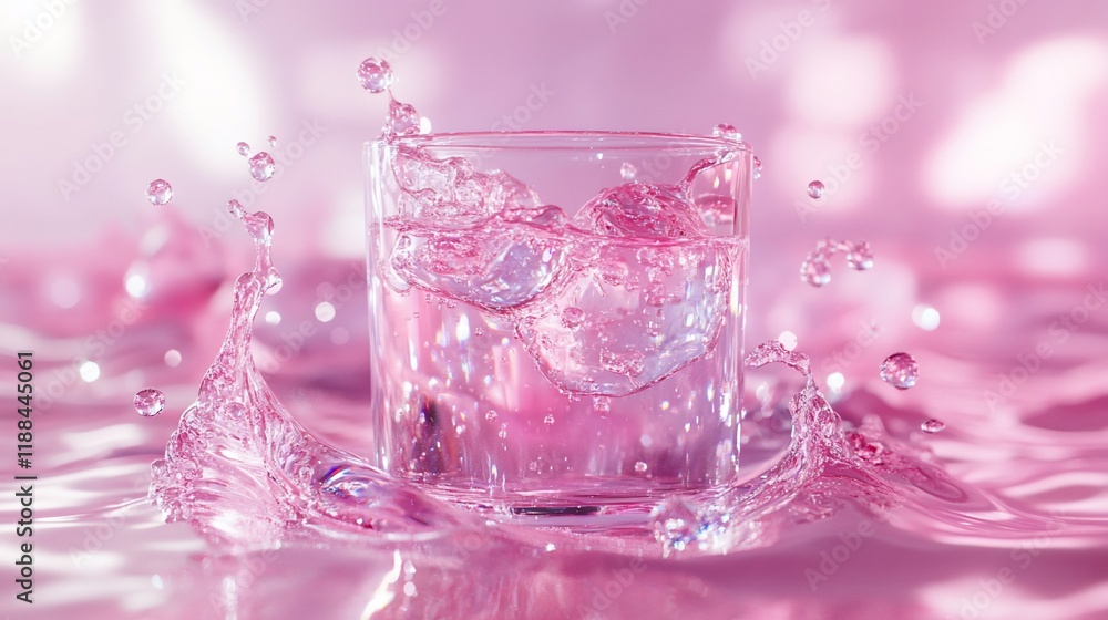 Pink liquid splash in glass, pink background, refreshment Pink liquid splash in glass, pink background, refreshment