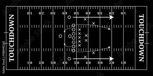 Black American football field with tactics, top view