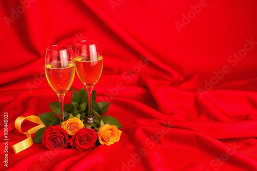 Two champagne flutes roses and ribbon on red satin tablecloth