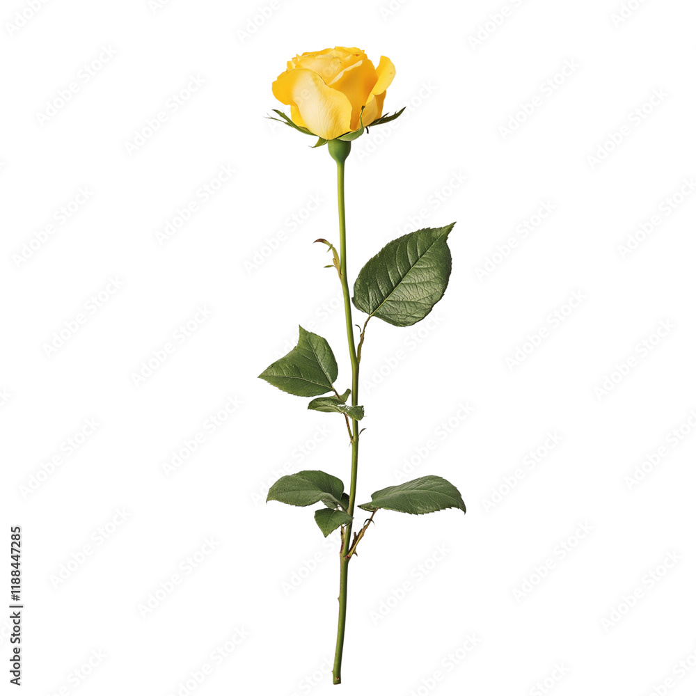 Obraz premium A yellow rose on a long stem, isolated against a transparent background png