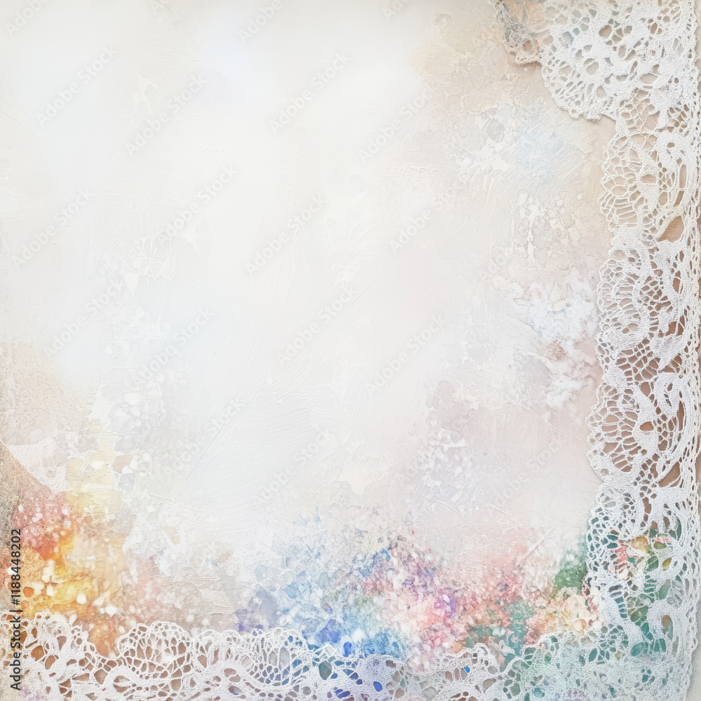 Intricate watercolor lace patterns elegantly frame a serene white space in a captivating image. Intricate watercolor lace patterns elegantly frame a serene white space in a captivating image.