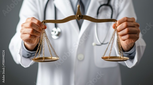 Doctor holds scales representing balance between medical ethics, law. Doctor in white coat demonstrates ethical decision-making in healthcare. Professional healthcare responsibility highlighted.