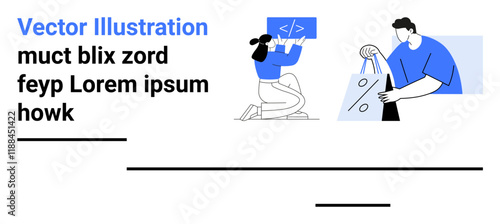 Woman writing code on the board Man holding shopping bags. Ideal for e-commerce, technology, programming, online shopping, digital marketing, consumer behavior, work-life balance. Landing page