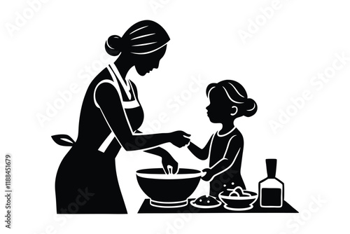 Mother and child baking together, joyful and interactive moment silhouette illustration.eps