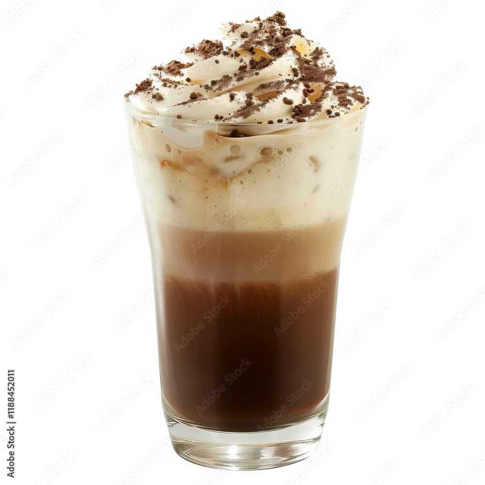 Refreshing iced coffee beverage topped with whipped cream and chocolate sprinkles, served in a tall glass Refreshing iced coffee beverage topped with whipped cream and chocolate sprinkles, served in a tall glass