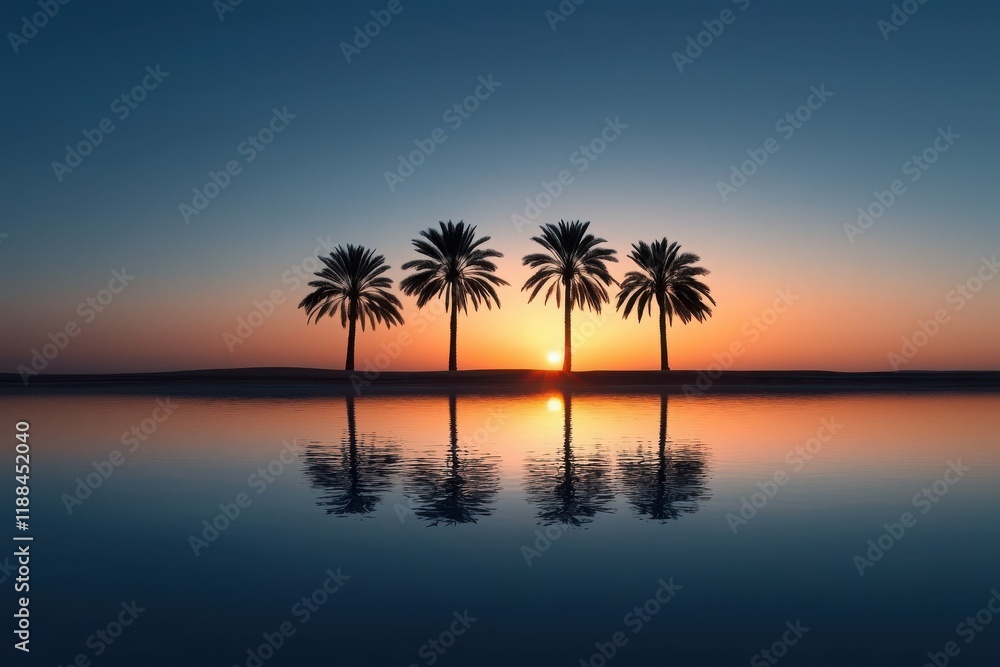 Obraz premium Sunset landscape perspective of serene oasis with palm trees