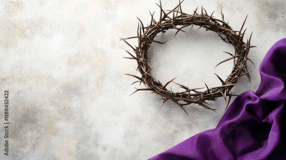 Fototapeta premium Crown of thorns with purple cloth on white grunge background. Good Friday concept, copy-space 