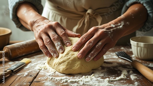 Close-Up of Hands Kneading Dough on a Floured Surface with Baking Tools photo