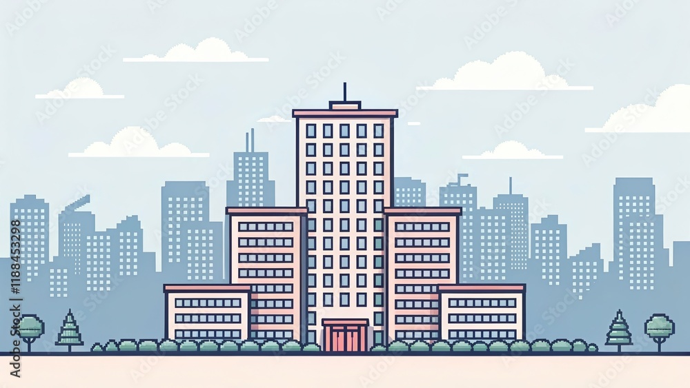 Fototapeta premium cute office building with city scape, pixel art illustration background