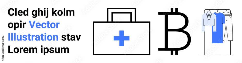 A healthcare briefcase with a cross, Bitcoin symbol, and a rack of hanging formal clothes. Ideal for health industry, cryptocurrency, finance, business, medical emergencies, fashion e-commerce A healthcare briefcase with a cross, Bitcoin symbol, and a rack of hanging formal clothes. Ideal for health industry, cryptocurrency, finance, business, medical emergencies, fashion e-commerce