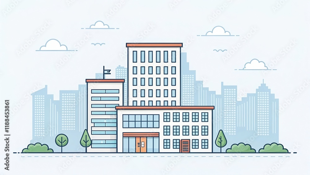Fototapeta premium cute office building with city scape, pixel art illustration background